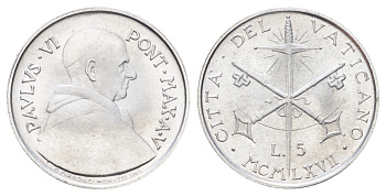 Ватикан 5 лир 1967 MCMLXVII, год-тип KM 94 алюминий UNC 4701-465