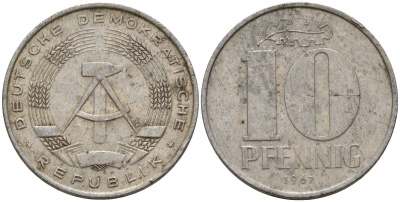 ГДР 10 пфеннигов 1967 A KM 10 алюминий 27-412