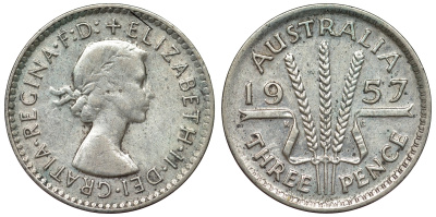 Австралия 3 пенса 1957 m, Елизавета II (1952-2022) KM 57 серебро 71-548