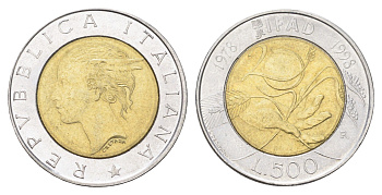 Италия 500 лир 1998 R, 20 лет программе FAO KM 193 биметалл 4704-1023