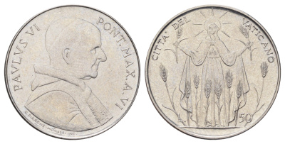 Ватикан 50 лир 1968 MCMLXVIII, год-тип KM 105 нержавеющая сталь UNC 4700-636