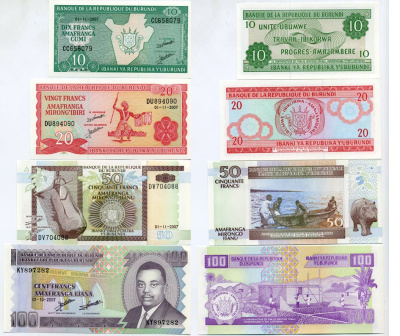 Бурунди 10, 20, 50 и 100 франков 2007 Pick 33e, 27d, 36g, 37f бумага UNC (пресс) 448-14-1-1