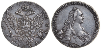 Россия 1 рубль 1768 ММД-EI Биткин 129, Петров 3 рубля серебро 00-000-00
