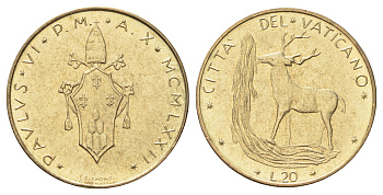 Ватикан 20 лир 1970 MCMLXX, Павел KM 120 алюминиевая бронза UNC 4697-1025
