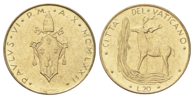Ватикан 20 лир 1970 MCMLXX, Павел KM 120 алюминиевая бронза UNC 4697-1025