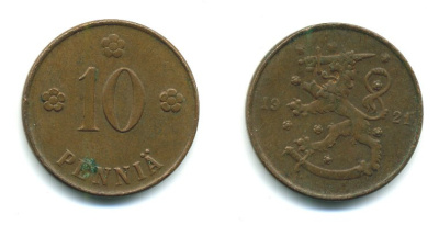 Финляндия 10 пенни 1921 республика (1918-1962) KM 24 медь 29-255