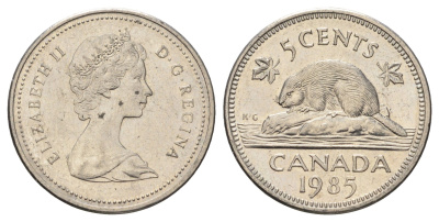 Канада 5 центов 1985 Елизавета II (1952-2022), бобр KM 60.2a медно-никель 4689-428