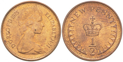 Великобритания 1/2 пенни 1975 Елизавета II (1952-2022) KM 914, Spink 4239 бронза 112-763
