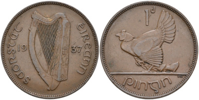 Ирландия 1 пенни 1937 курица с цыплятами KM 3 бронза 88-823