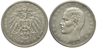 Бавария 5 марок 1902 D, Отто (1886-1913) Weege 47, J. 46, KM 512 серебро 413-4014
