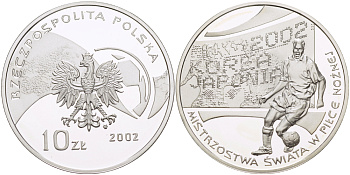 Польша 10 злотых 2002 MW, чемпионат мира по футболу в Корее и Японии 2002 года KM 434 серебро PROOF 1080-9-52