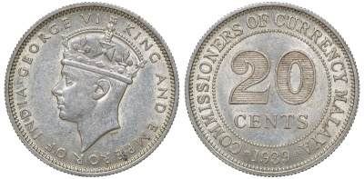 Британская Малайя 20 центов 1939 Георг VI (1937-1952) KM 5 серебро 53-357