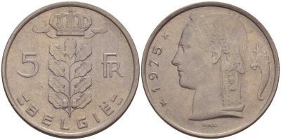 Бельгия 5 франков 1975 Belgie, Бодуэн I (1951-1993) KM 135.1 медно-никель 213-431