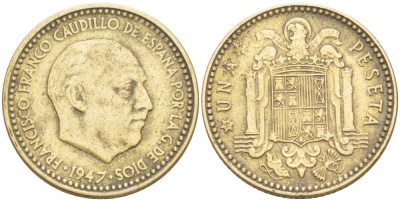 ИСПАНИЯ 1 ПЕСЕТА 1947 ФРАНСИСКО ФРАНКО ДИКТАТОР ИСПАНИИ (1939- 1975) KM 775 алюминиевая бронза 4519-913