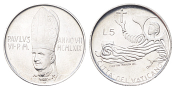 Ватикан 5 лир 1969 MCMLXIX, год-тип KM 110 алюминий UNC 4701-514
