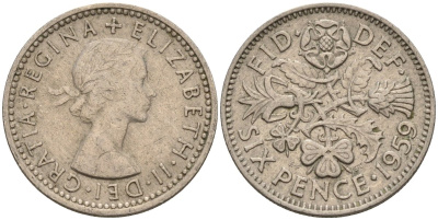 Великобритания 6 пенсов 1959 Елизавета II (1952-2022) KM 903, Spink 4149 медно-никель 4596-1042