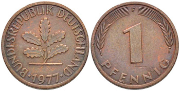 ФРГ 1 ПФЕННИГ 1977 F KM 105, J. 380 сталь плакированная медью 116-366