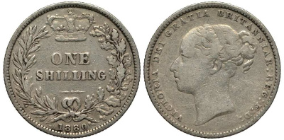 Великобритания 1 шиллинг 1880 Виктория (1837-1901) KM 734.4, Spink 3907 серебро 1518-1244