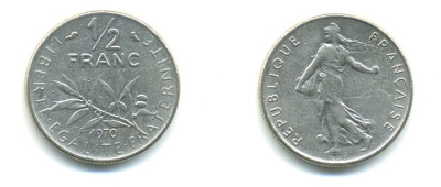 ФРАНЦИЯ 1/2 ФРАНКА 1970 KM 931.1 никель 25-833