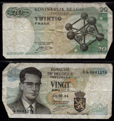 Бельгия 20 франков 1964 Бодуэн I; Атомиум, Брюссель Pick 138 (3) бумага 7548-119-3-2