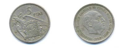 ИСПАНИЯ 5 ПЕСЕТ 1968 KM 786 медно-никель 54-1451