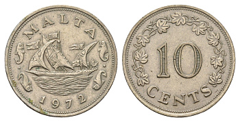 Мальта 10 центов 1972 баржа Великого магистра KM 11 медно-никель 4183-836