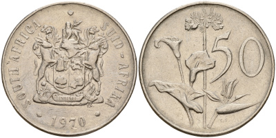 ЮАР 50 центов 1970 Зантедеския Эллиота (калла), герб KM 87 никель    4599-442