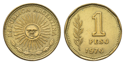 Аргентина 1 песо 1976 майское солнце KM 69 алюминиевая бронза aUNC 4695-1147