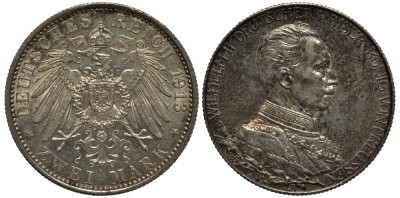 Пруссия 2 марки 1913 A, Вильгельм II (1888-1918), 25 лет правления (мундир) Weege 111, J. 111, KM 533 серебро 3711-833