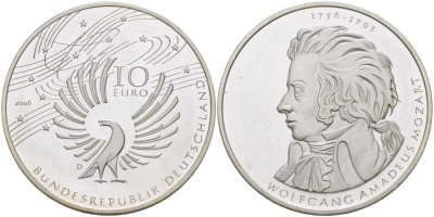 ФРГ 10 евро 2006 D, 250 лет со дня рождения Вольфганга Амадея Моцарта KM 248, DE.S. 10.29 серебро PROOF 413-314