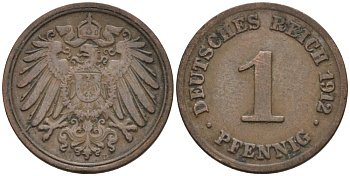 Германия 1 пфенниг 1912 E KM 10, J. 10 медь 4576-248