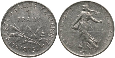 ФРАНЦИЯ 1 ФРАНК 1975 СЕЯТЕЛЬ KM 925.1 никель 181-435