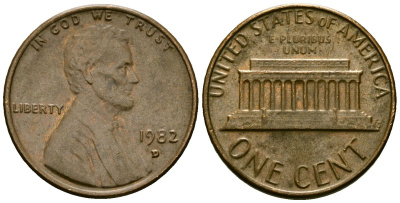 США 1 цент 1982 D, Линкольн KM 201 медь цинк 4136-222