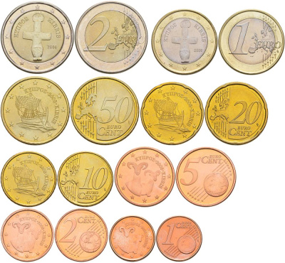 КИПР ЕВРОНАБОР ИЗ 8 МОНЕТ 2008 1, 2, 5, 10, 20, 50 ЕВРОЦЕНТОВ, 1 И 2 ЕВРО UNC 183-641