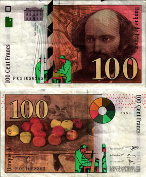 ФРАНЦИЯ 100 ФРАНКОВ 1998 ПОЛЬ СЕЗАНН, КАРТЕЖНИКИ Pick 158а бумага VF 7183-17-3-1