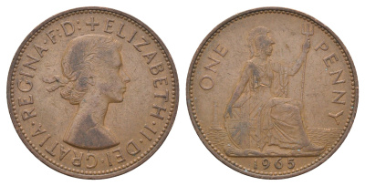 Великобритания 1 пенни 1965 Елизавета II (1952-2022) KM 897, Spink 4157 бронза 4661-924