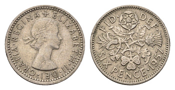 Великобритания 6 пенсов 1957 Елизавета II (1952-2022) KM 903, Spink 4149 медно-никель 4696-823