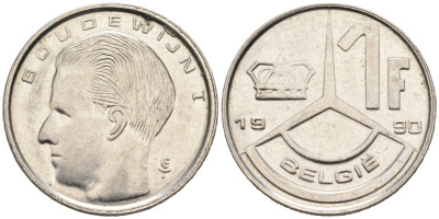 Бельгия 1 франк 1990 Belgie, Бодуэн I (1951-1993) KM 171 нержавеющая сталь 4564-1251