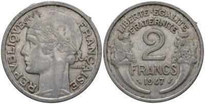 Франция 2 франка 1947 KM 886a алюминий 4599-335