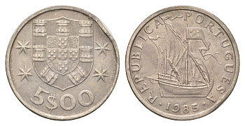 Португалия 5 эскудо 1985 KM 591 медно-никель 4706-615