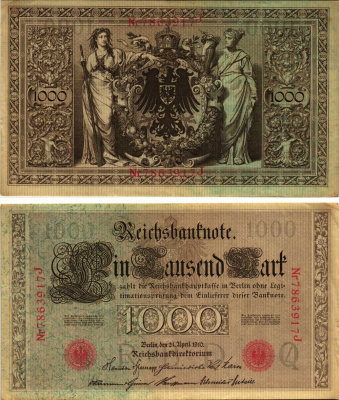 ГЕРМАНИЯ 1000 МАРОК 1910 21 АПРЕЛЯ 1910, СЕМИЗНАЧНЫЙ НОМЕР, СЕРИЯ J Pick 44b бумага 8610-19-1