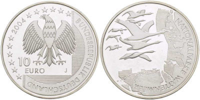 ФРГ 10 евро 2004 J, Национальный парк, Ваттовое море (Wattenmeer) KM 232, DE.S 10.15 серебро PROOF 413-6422