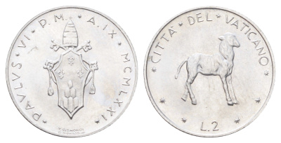 Ватикан 2 лиры 1971 MCMLXXI KM 117 алюминий UNC 4701-522