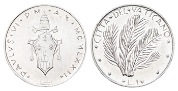 Ватикан 1 лира 1970 MCMLXX, Павел KM 116 алюминий UNC 4697-1022