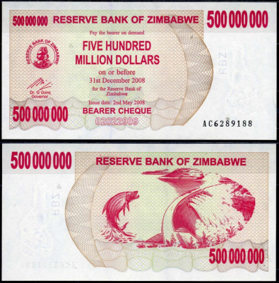 Зимбабве 500000000 долларов 2008 тигровая рыба, Кариба ГЭС Pick 60 бумага UNC (пресс) 7375-2-3-2