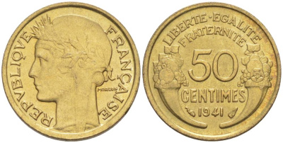 ФРАНЦИЯ 50 САНТИМОВ 1941 ТИП MORLON KM 894.1, LE FRANC 192.18 алюминиевая бронза 44-562