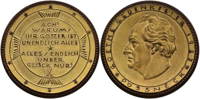 ГЕРМАНИЯ МЕДАЛЬ 1923 ГЁТЕ, ФАРФОР POSSNECK, ПОЗОЛОТА, ДИАМЕТР 51 ММ. фарфор 01-147-34