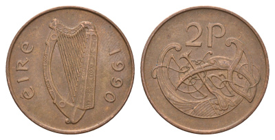 Ирландия 2 пенса 1990 Виньетка в виде стилизованной птицы из второй библии Карла II Лысого KM 21a сталь плакированная медью 4178-557