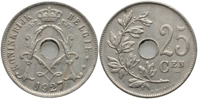 Бельгия 25 сантимов 1927 BELGIE KM 69 медно-никель 4171-647