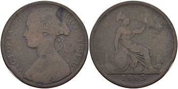 Великобритания 1 пенни 1863 Виктория (1837-1901) KM 749.2, Spink 3954 бронза 97-432